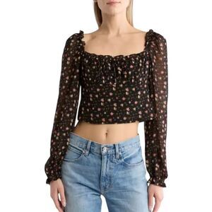 WAYF Black Ditsy Floral Long Sleeve Crop Top Women's Size Large
